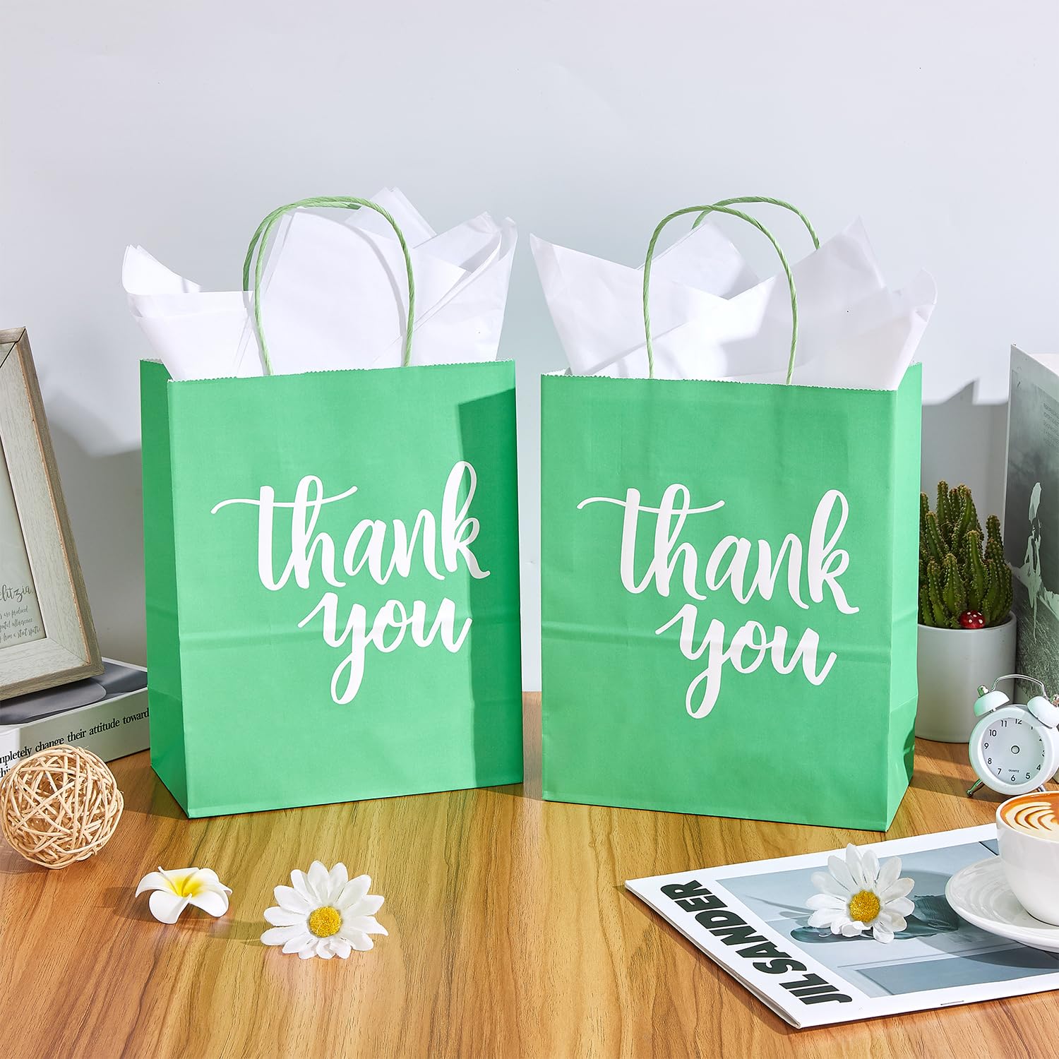 DjinnGlory 50 Pack Medium Green Gift Bags Thank You Paper Bags with Handles 10''x8''x4'' and 50 White Tissue Paper for Small Business Shopping, Wedding Baby Shower Party Favors