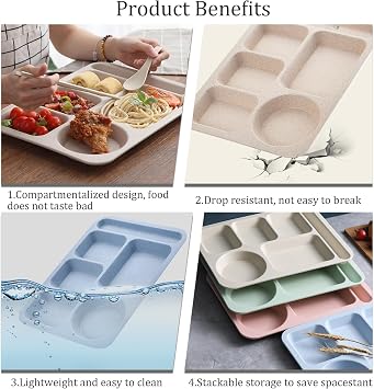 Wheat Straw Divided Plates, 5 Compartment Plates Reusable, Plastic School Lunch Tray with Dividers for Adults, Food Section Plates Diet Dinner Serving Platter, Dishwasher Safe (Green)