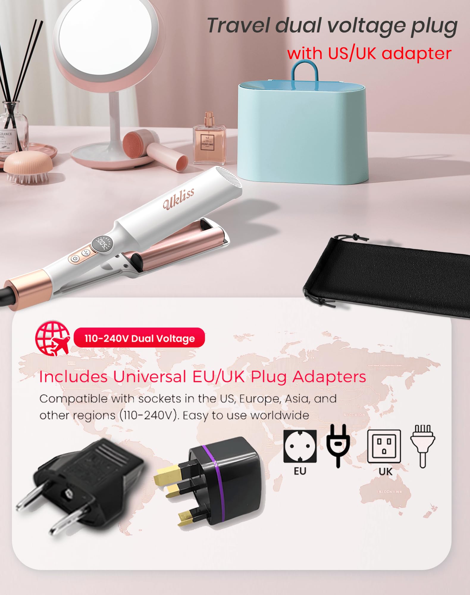 UKLISS Plancha Ondulada Pro Mini Para El Cabello Con 2 Adaptadores de Viaje, Pantalla LCD [120-210℃], Rizador de Ondas de Playa, Rizador de Pelo de Sirena Para Ondulaciones de Pelo, Rizador de Ondas