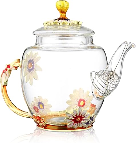 Miniatura 4 de Tetera de vidrio de 10 onzas líquidas  Decoración de mariposa de rosa azul, tetera de vidrio resistente al calor, tetera de hojas sueltas, tetera