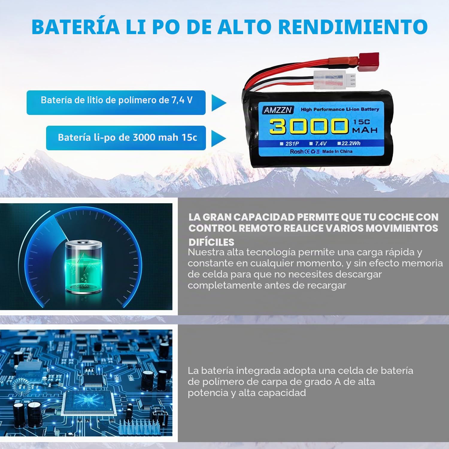 2 baterías de 7,4 V 3000 mAh 15 C 2S en forma de T de iones de litio con cargador 2 en 1 para WLtoys 12423 MJX 14301 14303 14302 H16PL RC coche, camión RC a escala 1/10, 1/12, 1/16