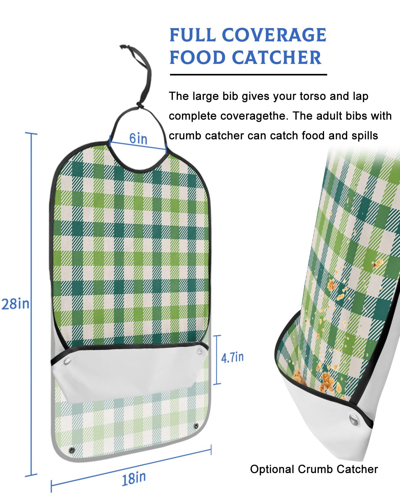 St. Patrick's Day Adult Bibs for Eating, Waterproof Bibs with Food Catcher & Adjustable Snap Closure, Vintage Green White Buffalo Plaid Washable Clothing Protectors Adult Bibs for Elderly Women/Men