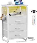 runjuly Side Table with Drawers, Night Stand with Charging Station, AC Outlets & USB C Ports, End Table with Storage, Night Tables with Hooks, Bedside Nightstand for Office, Bedroom, Dorm Greige