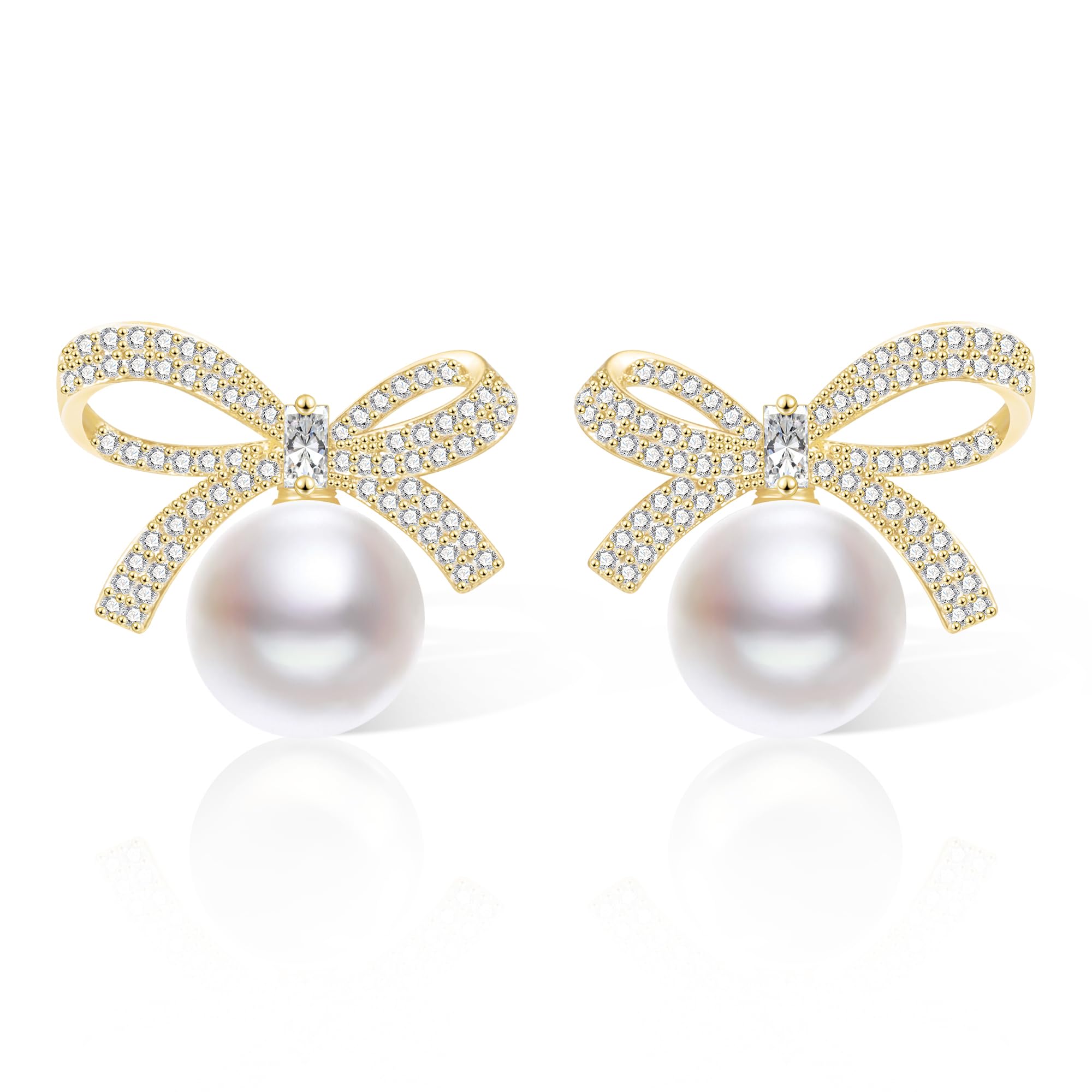 ALEXCRAFT Pendientes de Plata Dorada Pendientes Pequeños para Mujer, Pendientes de Plata 925 Hipoalergénicos Pendientes Pequeños de Lazo y Perlas Pendientes Colgantes de Perlas con Circonitas
