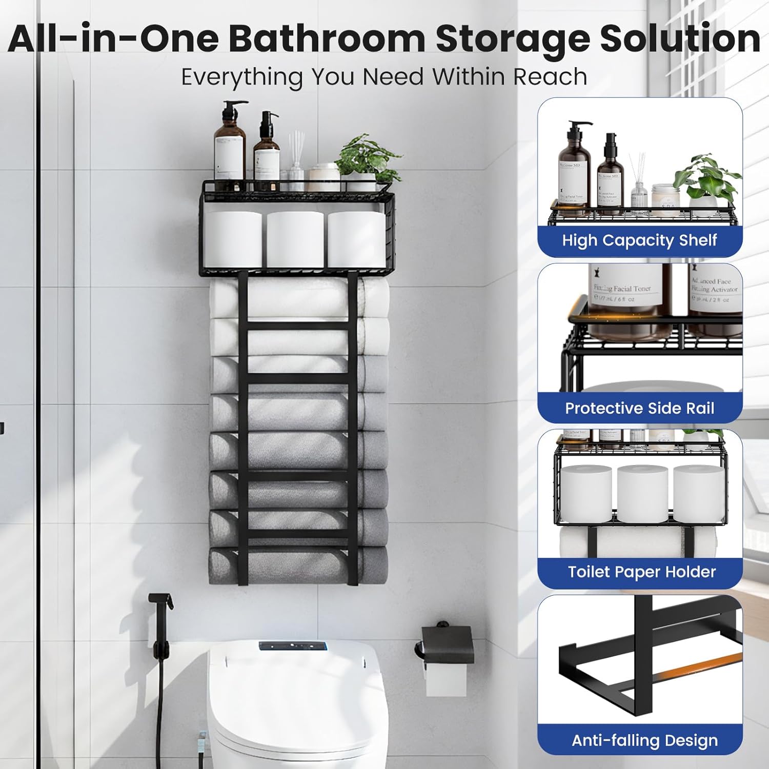 Vatex Towel Racks for Bathroom Wall Mounted, 4-Tier Bathroom Towel Rack with Shelf and Basket, Hold 6 Large Rolled Towels, 32-Inch Heavy Duty Towel Storage for Bathroom, RV, Black