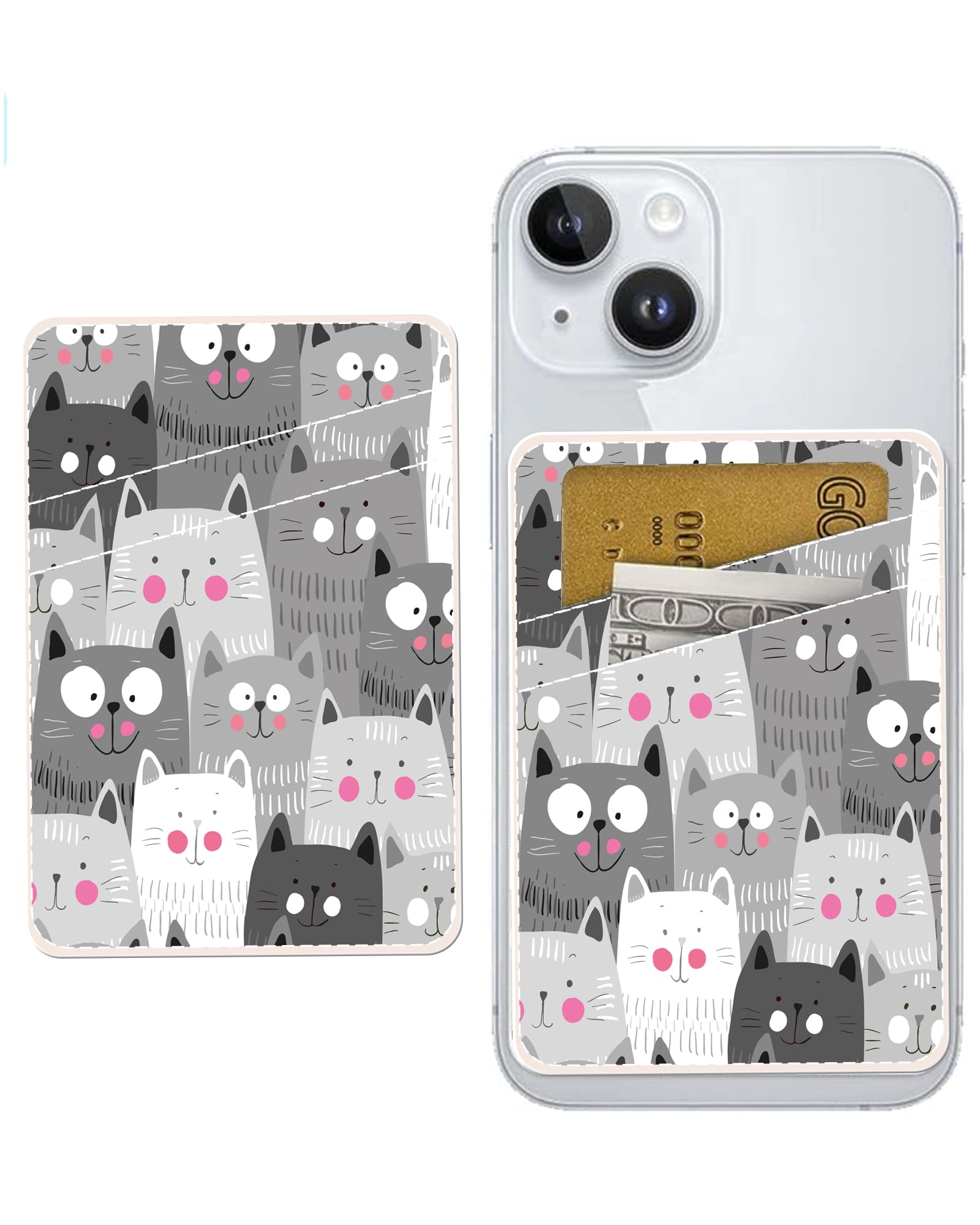 AOHRO Dual Pocket Leather Phone Wallet Adhesive Stick On, Cute Card Holder, Credit Card Holder for Phone Case, Grey Cute Cats