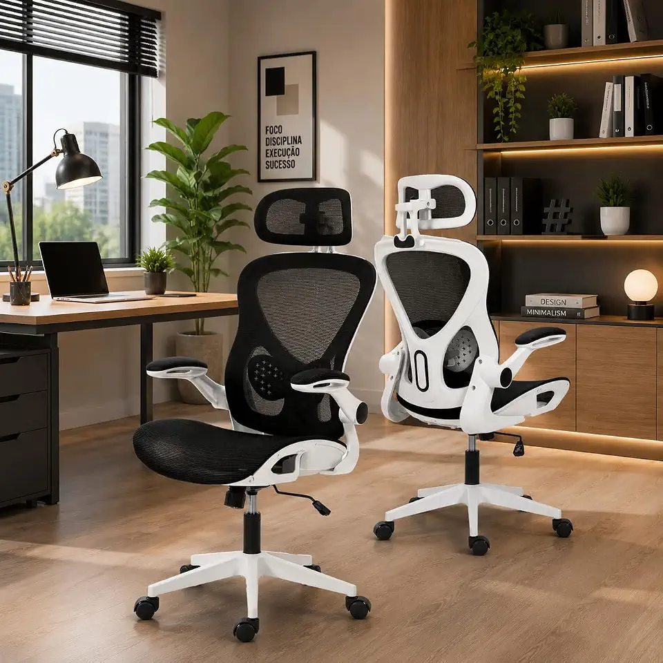 Cadeira de Escritório Ergonômica Prime | Mesh Respirável, Apoio de Cabeça e Lombar Ajustáveis, Braços Rebatíveis, Função Balanço, Cabide Integrado (Preto, Prime)