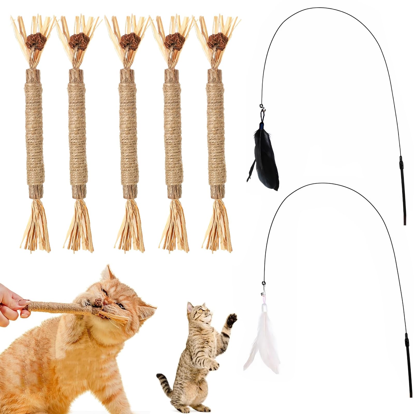 YanBous Set de 5 Palitos Masticables para Gatos & 2 Varitas de Juego - Cuidado Dental & Diversión, Palitos de Limpieza Dental Naturales contra el Mal Aliento, Juguete Interactivo