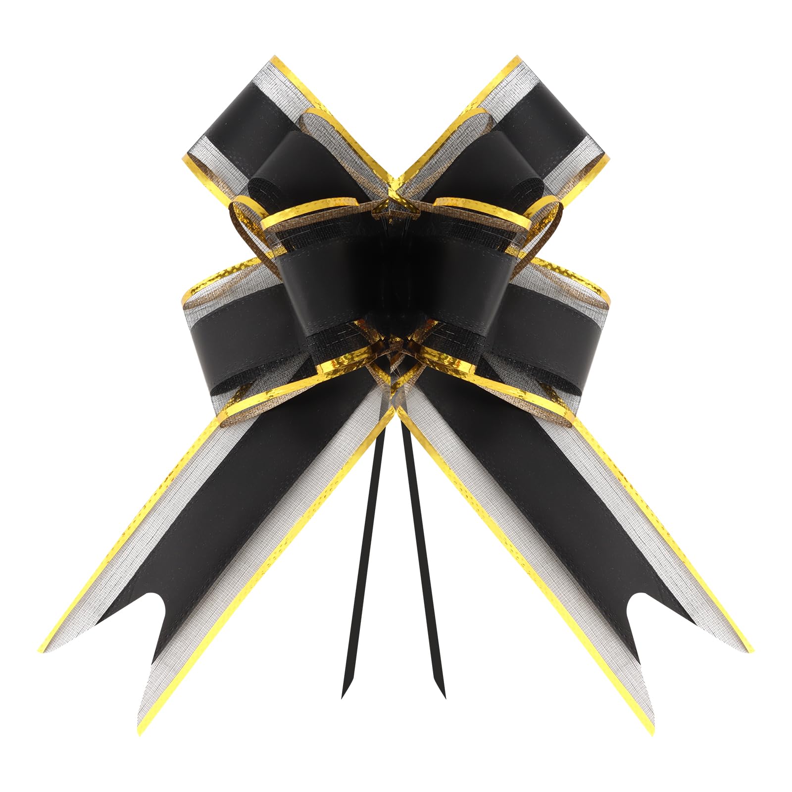 Moikolok Black Bows for Gift Wrapping, 6 Inch, 12 PCS Pull Bow Bulk for Presents Package, Baskets, Xmas (Black with Tulle & Gold line)
