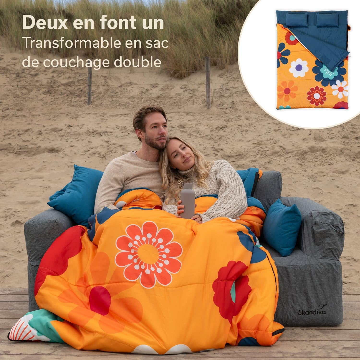 Skandika Sac de Couchage Sovro | Sac de Couchage rectangulaire pour Adultes, 3 Saisons, utilisable comme Sac de Couchage Double, Sacs de Couchage de Camping avec Oreiller