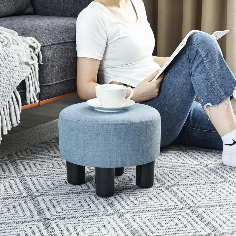 Image of Flannel Small Footstool Puffy Round Ottoman for Footrest, Modern Rectangle Step Stool Extra Seating with Non-Skid Plastic Legs for Living Room, Couch, Entryway Color Light Blue