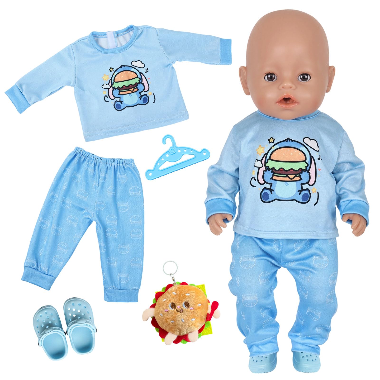 Baby Doll Clothes for 14-18Inch Doll, Baby Doll Accessories for 35-45cm Dolls, Sweet Dolls Clothes with Hamburger Doll, Blue Puppy Top and Pants, Slippers & Hanger, Blue Doll Clothes for Kids Birthday