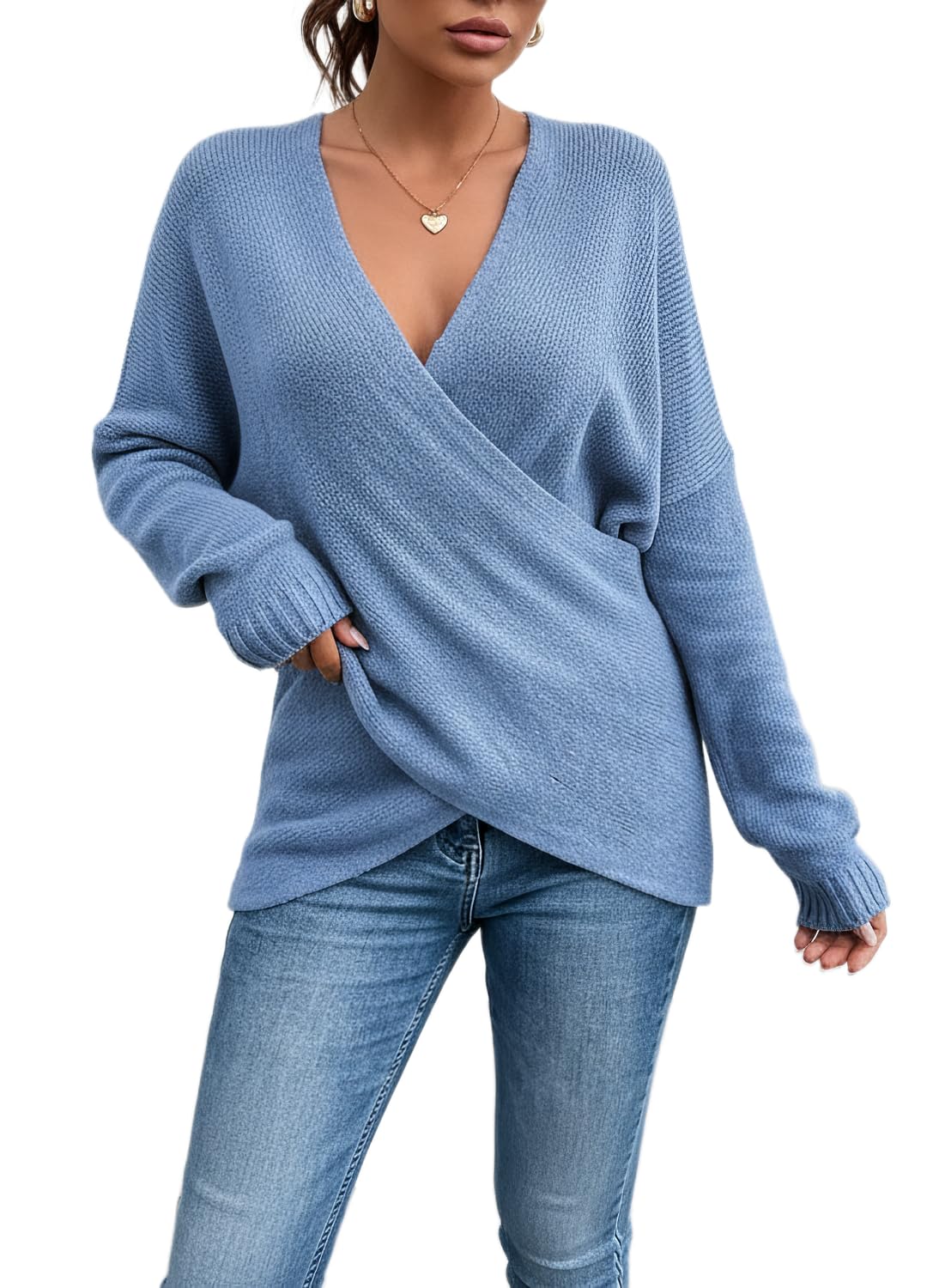 Womens V-Neck Long Sleeve Sweater Cross Wrap Front Ribbed Knit Pullover Sweater Jumper Tops