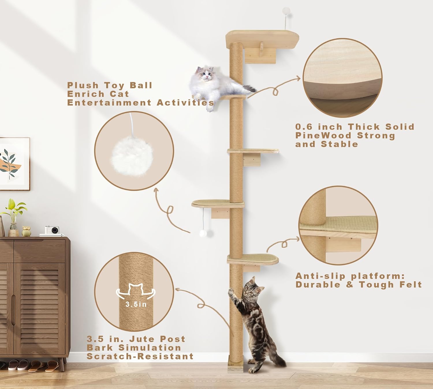 Wild Simulation Cat Tree for Kittens, 5-Level Floor to Ceiling Cat Wall Shelves with Sisal Mat Platforms, Rotating Wall-Mounted Climbing Tower for Scratch, Lookout & Perch