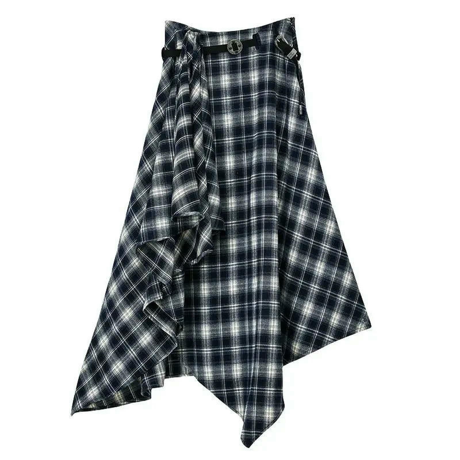 Gonna Lunga Gonne Lunghe di Lana da Donna 2025 Goth Lolita Autunno Inverno Vita Alta con Volant Scozzese Asimmetrica Maxi Cintura-Blu-XL