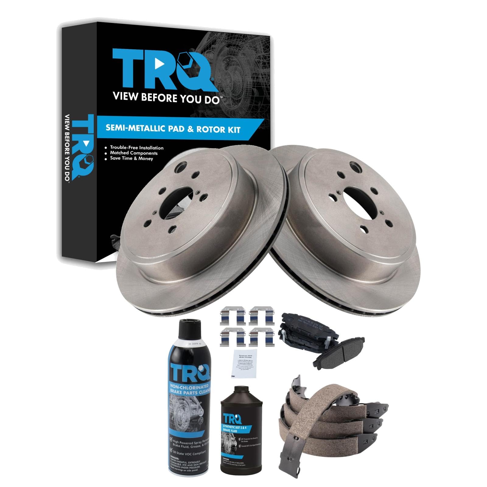 TRQ Rear Brake Pad &amp; Rotor Kit, with Chemical Kit Parking Brake Shoe Set Semi-Metallic Compatible with 2013-2014 Subaru Legacy
