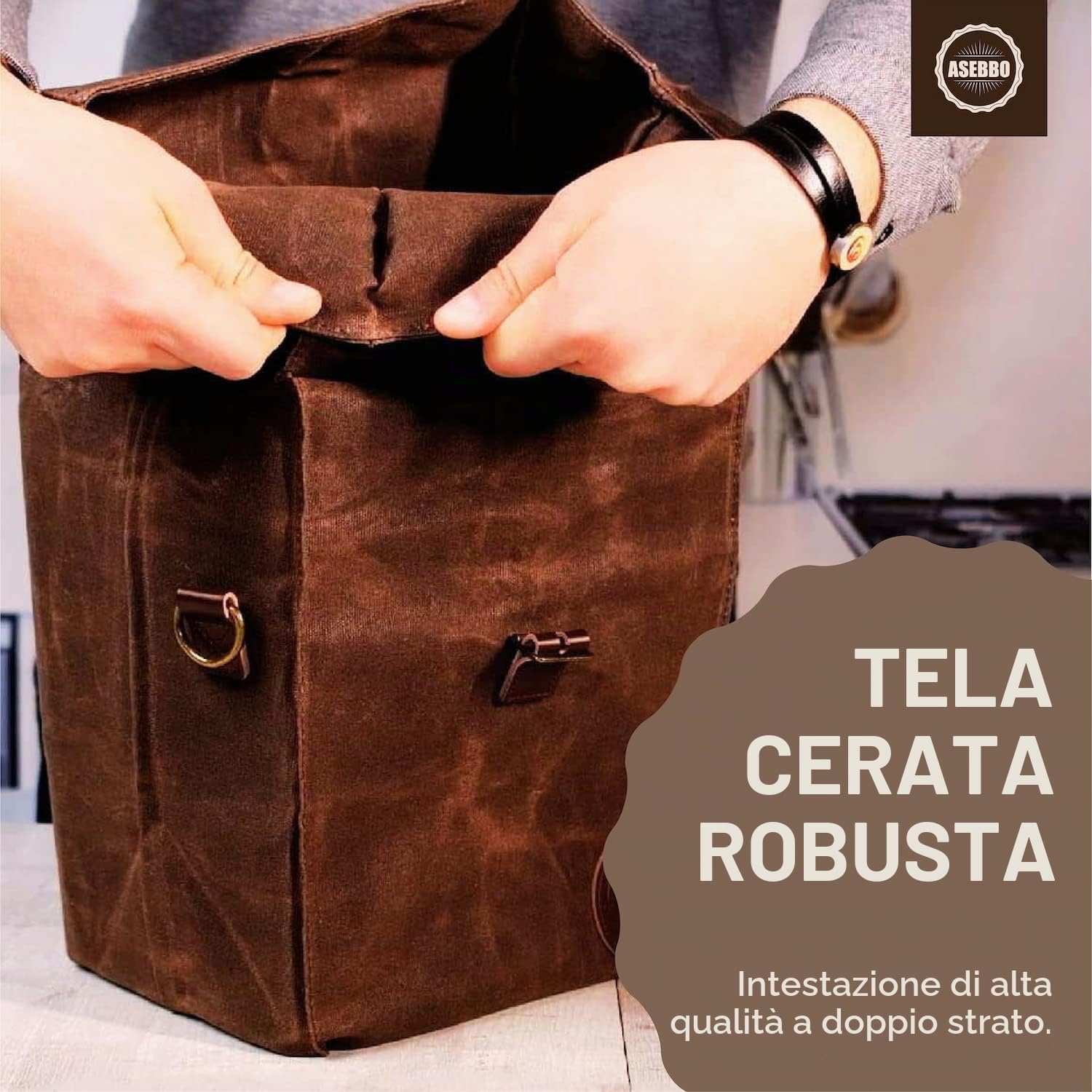 ASEBBO Borsa Termica in Tela, 10 L con Tracolla per Adulti | Tela cerata, Tracolla regolabile 150 cm, Doppi manici in pelle, Antiperdita, Isolamento oltre 4 ore, Marrone