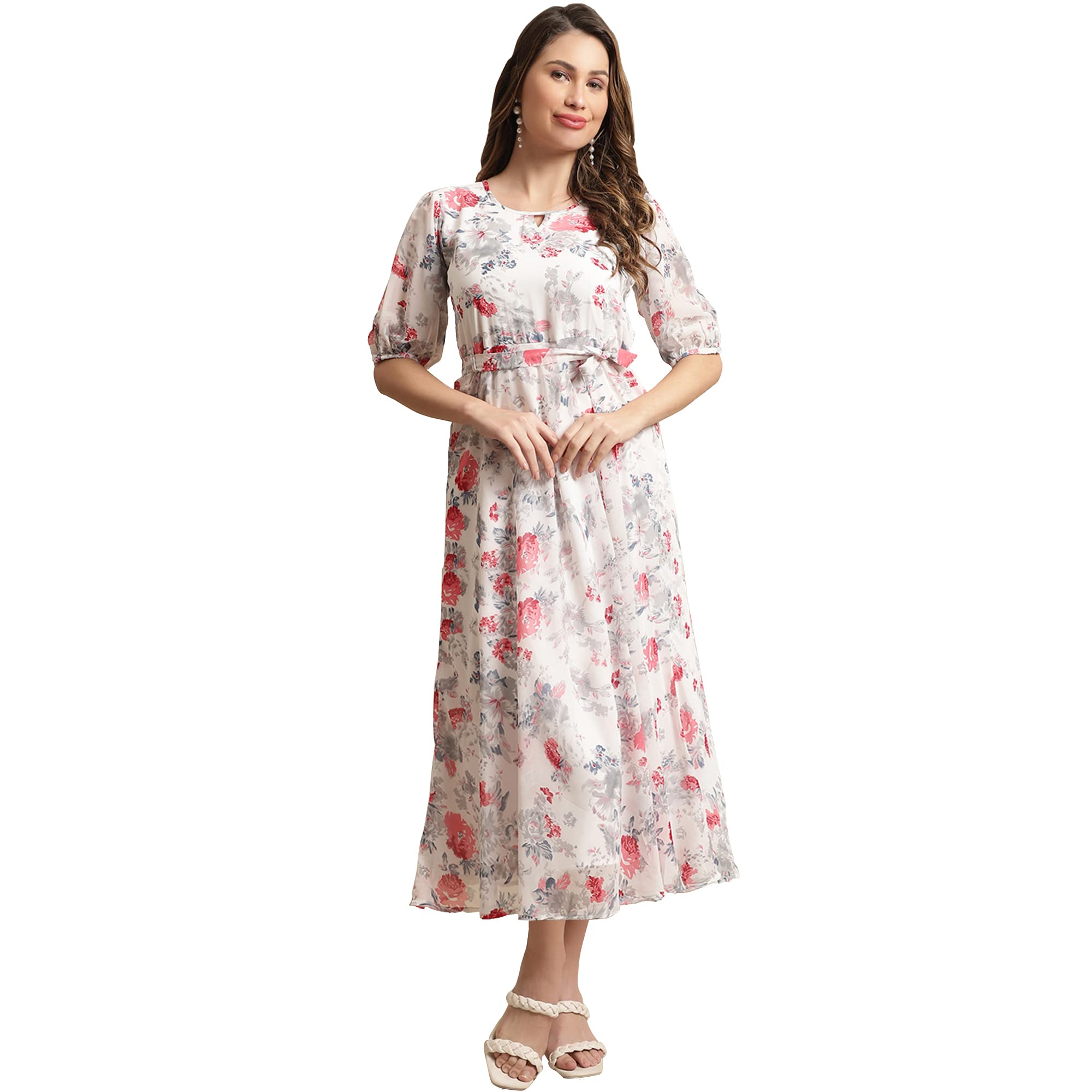 Preneum Women's Maxi Fit & Flare Print Georgette Regular Sleeves Casual |Long Gown For Women (In, Alpha, 2Xl, Plus, Bright White)