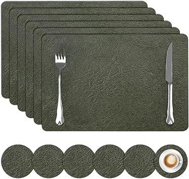 comfoyar Faux Leather Olive Green Placemats Set of 6 with Coasters, 12x17inch Non-Slip Heat Resistant Dual-Sided Crackled Place Mats, Waterproof Table Mats for Kitchen Dining Party Table Decoration