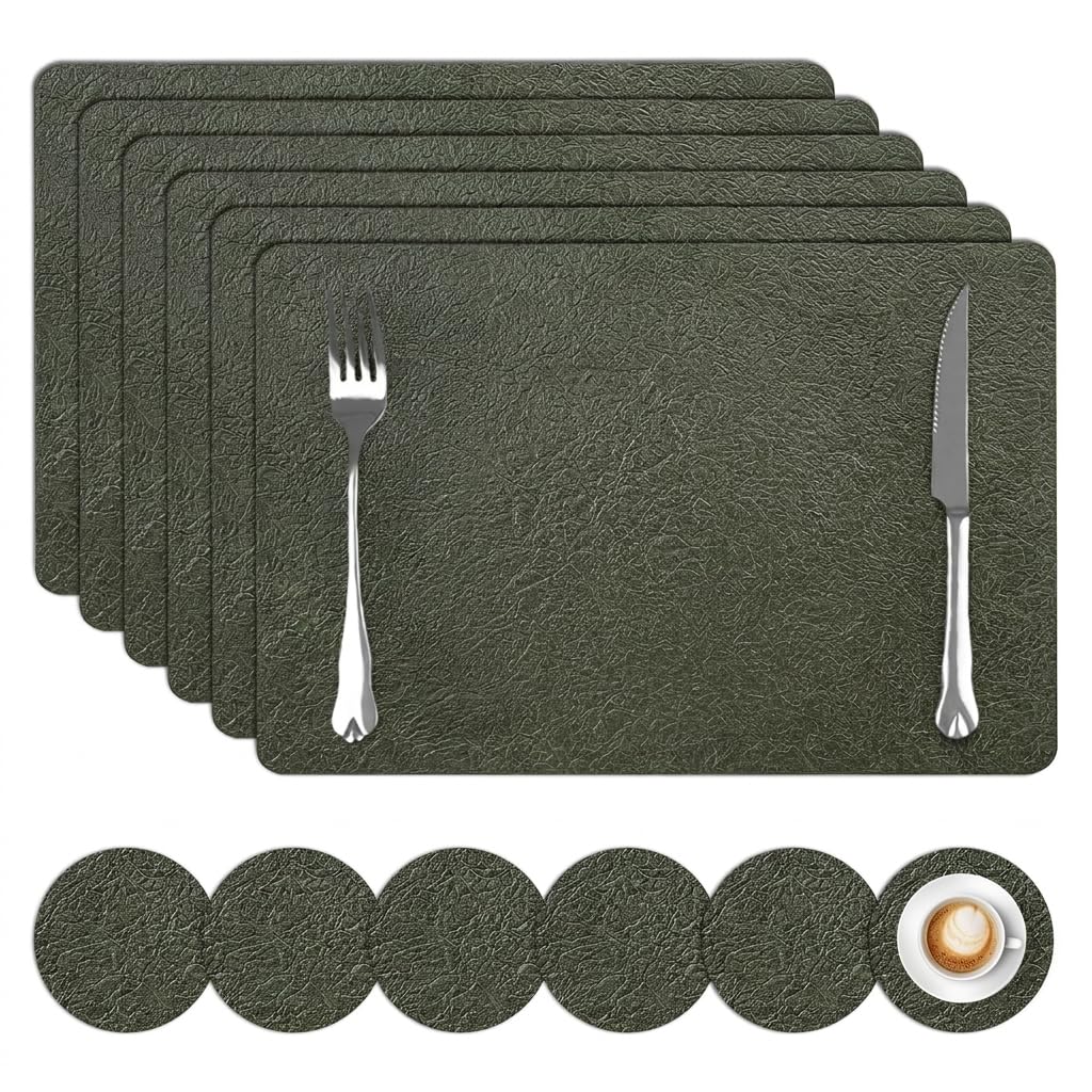 comfoyar PU Leather Olive Green Placemats and Coasters Set of 6, 30x43cm