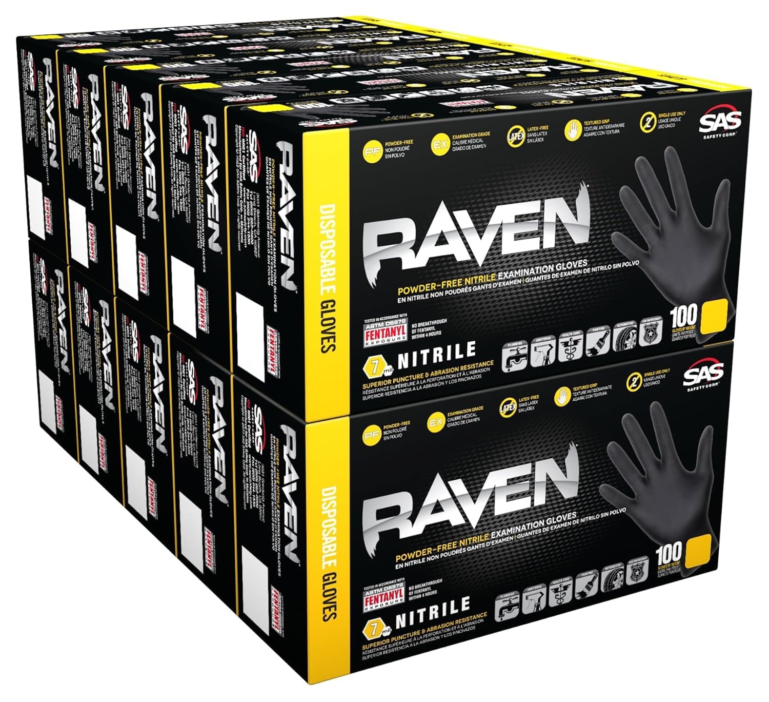 SAS RavenbSafety 66518 6 mil Black Nitrile Disposable Gloves 7 Mil - Large - 10 Pack(10 boxes of 100 each)