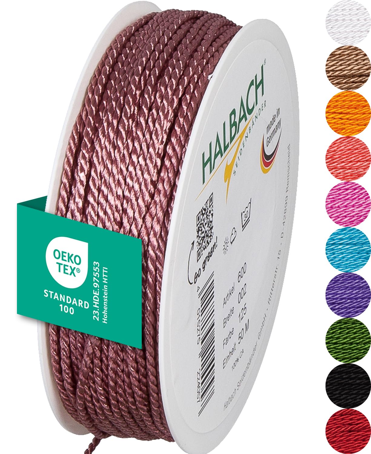 Halbach Seidenbänder Premium Kordel (Dunkelpink) | Breite 2mm Länge 50m | Made in Germany & Öko-Tex Zertifiziert | glänzende Satinkordel aus Acetat