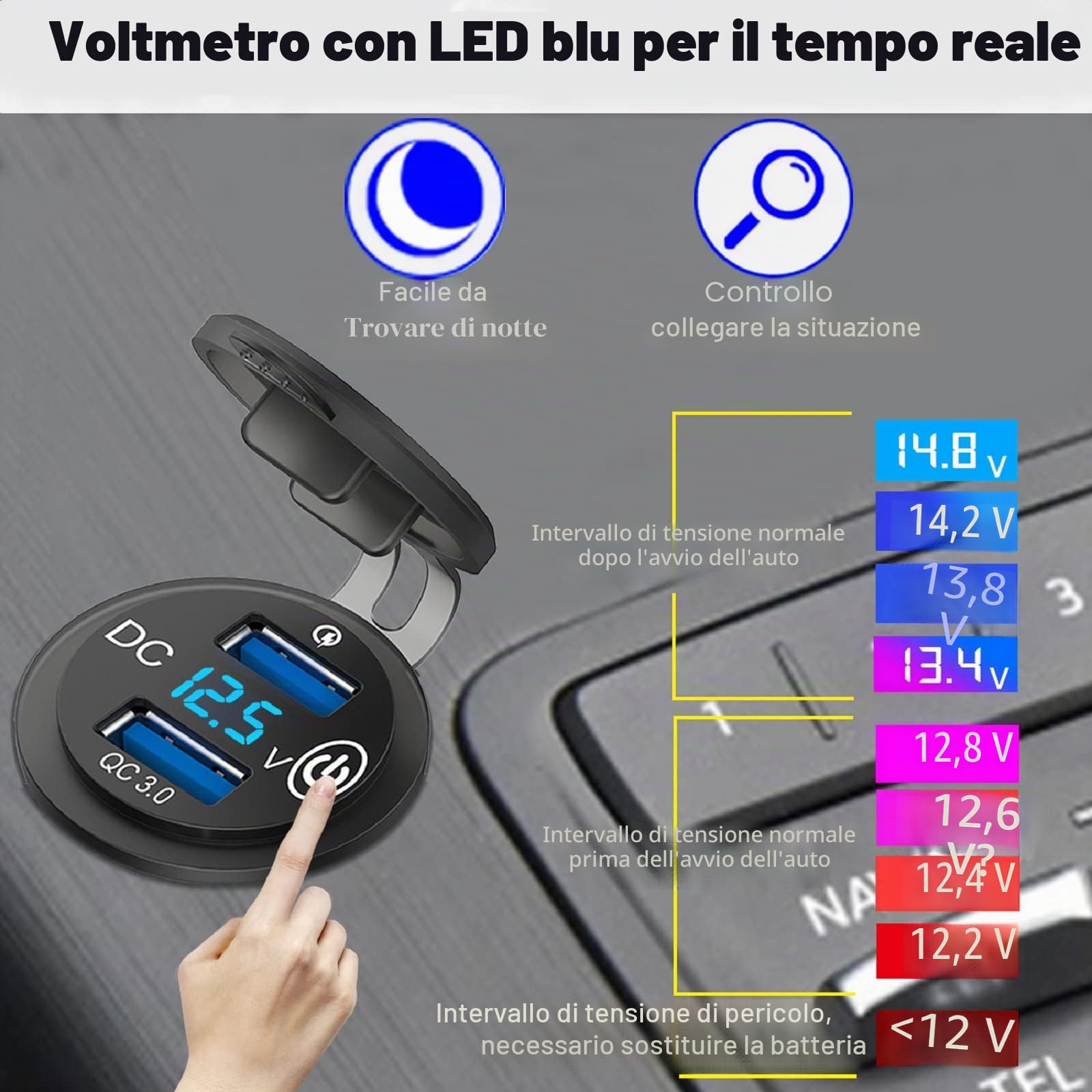Quick Charge 3.0 Presa USB Carica per Auto con Interruttore: Qidoe Presa USB da 12 volt Impermeabile Adattatore Accendisigari con Display Voltmetro a LED Blu per Moto, Barca, Camion, Caravan