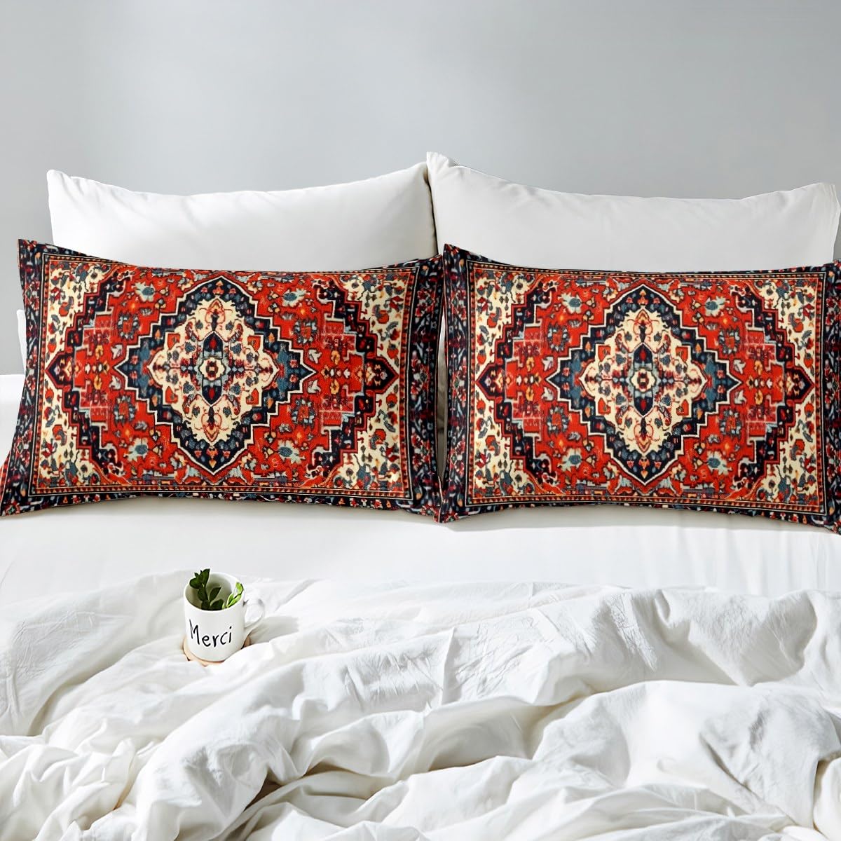 Erosebridal Set Copriletto King Size Medaglione Orientale Rosso – Stile Bohémien Hippie Mandala, Microfibra Morbida Con 2 Federe