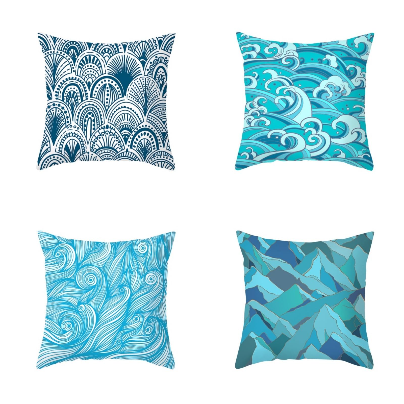 Pillow Cases 4 Pack Blue Abstract Print Cushion Covers Soft Linen Cushions with Covers Included Washable Sofa Cushions with Invisible Zip Pillowcase Breathable Pillow Cover 60x60 Cushion Cover