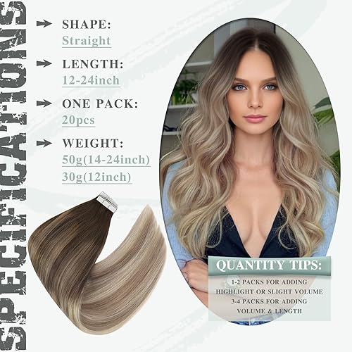 Miniatura 2 de Ve Sunny Extensiones de cabello humano real con cinta invisible, extensiones de cabello Remy con cinta adhesiva para mujer, color marrón oscuro,