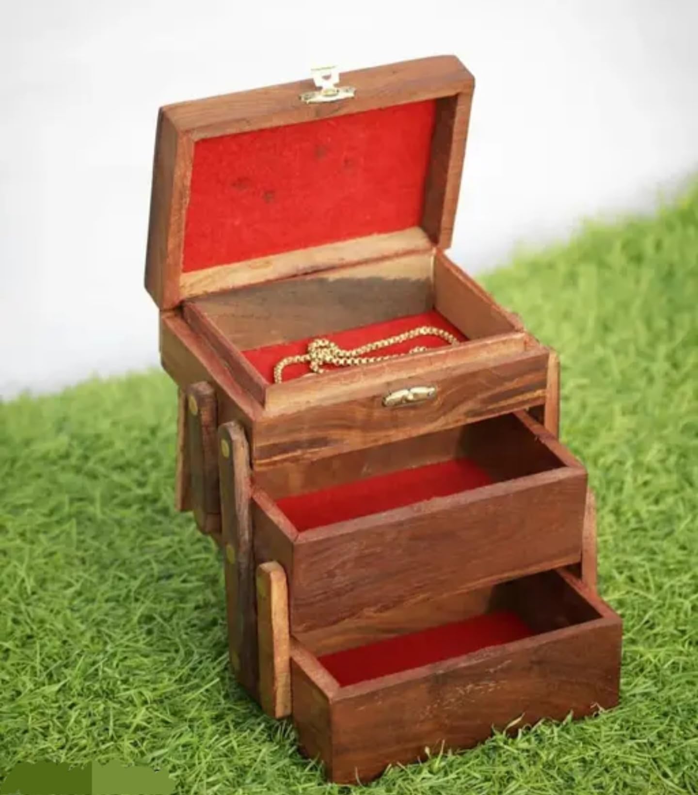 Boîte à bijoux vintage bois marron - Organiseur extensible 3 niveaux