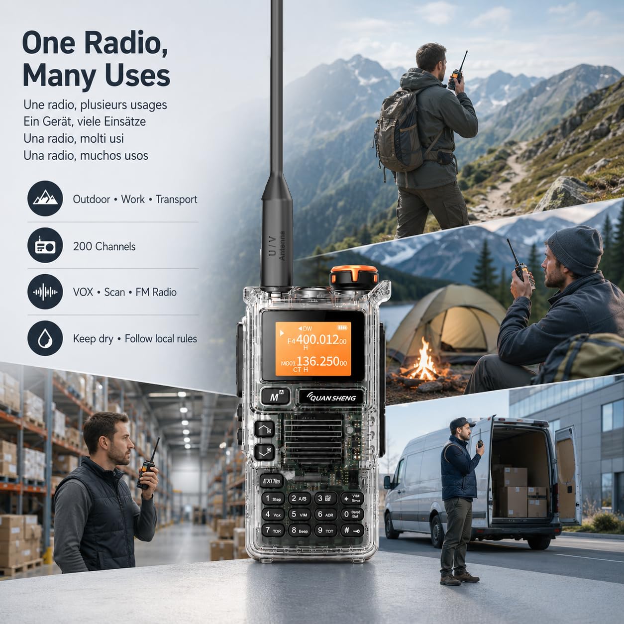 QUANSHENG UV-K5(99) Radio Ricetrasmittente Trasparente, 200 Canali, VOX, Scansione, FM, Display LCD, Batteria Li-Ion, Campeggio e Lavoro
