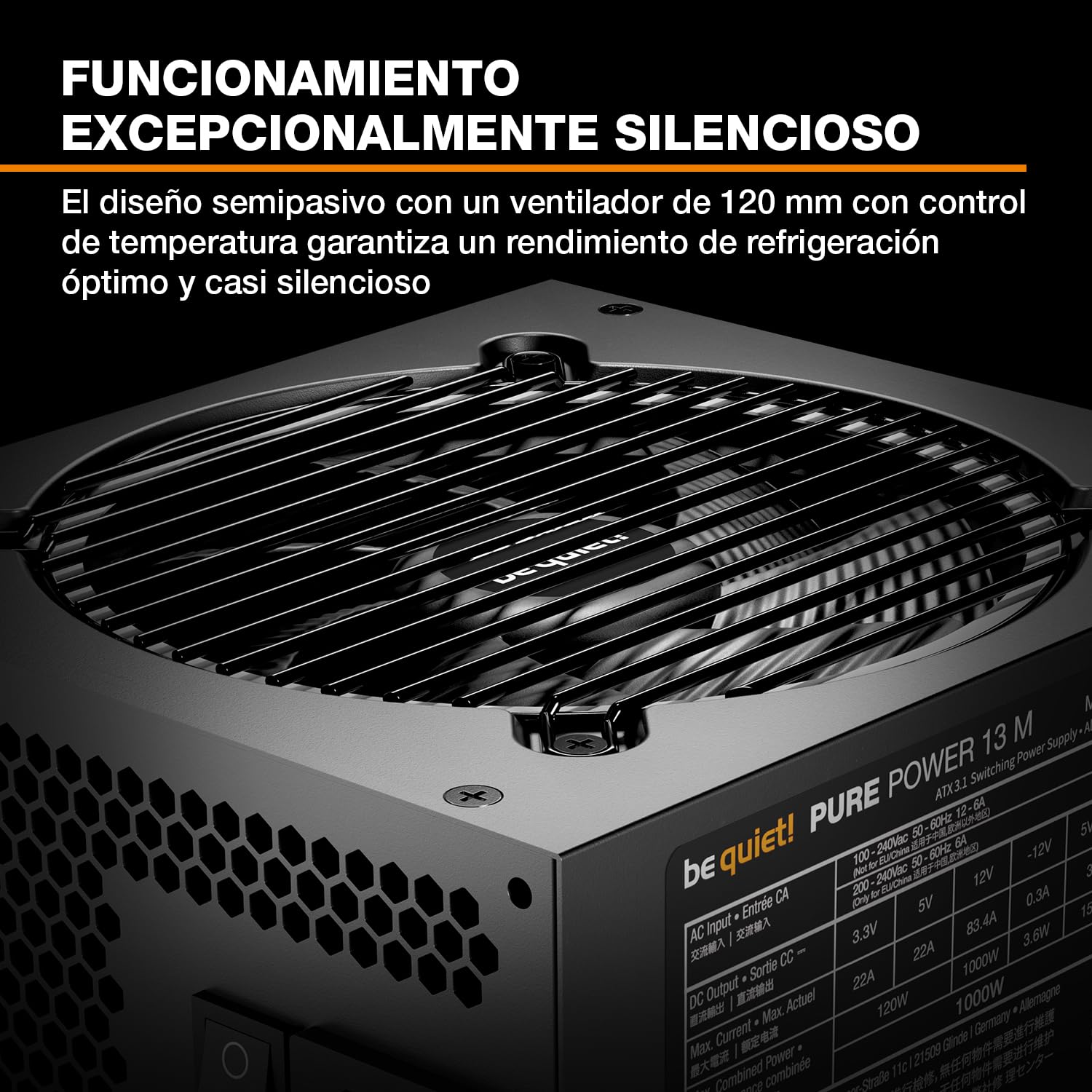 be quiet! Pure Power 13 M 1000W Fuente de alimentación, eficiencia 80 Plus® Gold, ATX 3.1, Compatible con GPU PCIe 5.1, Ventilador be quiet! semipasivor de 120 mm, construcción semipasiva
