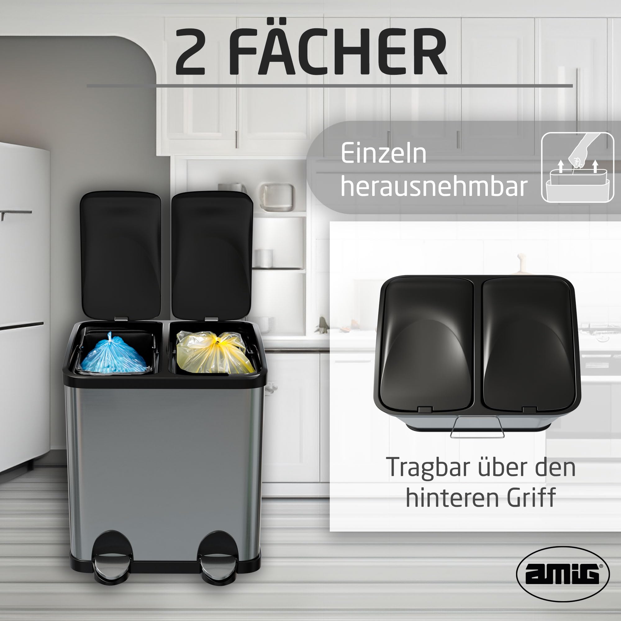 Amig - Doppelter Abfalleimer Recycling Mod. RECIK2-2 x 15L - 30 Liter - Mit 2 Fächern und Öffnung mit Pedal - 48x32x40 cm - Fassungsvermögen 15 l pro Behälter - Hermetischer Deckel - Edelstahl