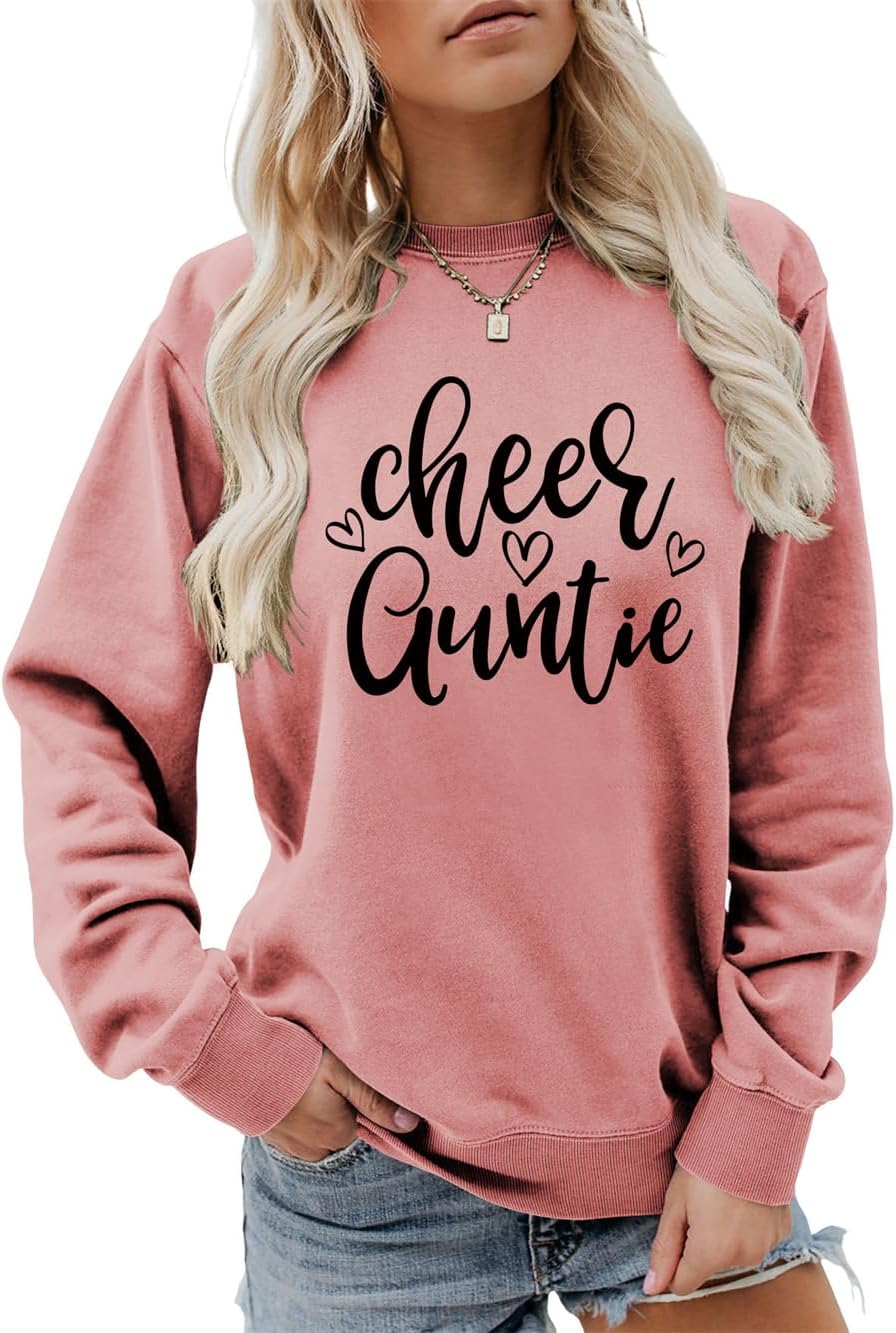 Cheer Auntie Sweatshirt for Women Cute Aunt Heart Graphic Shirt Crewneck Pullover Tops Funny Cheerleader Gifts