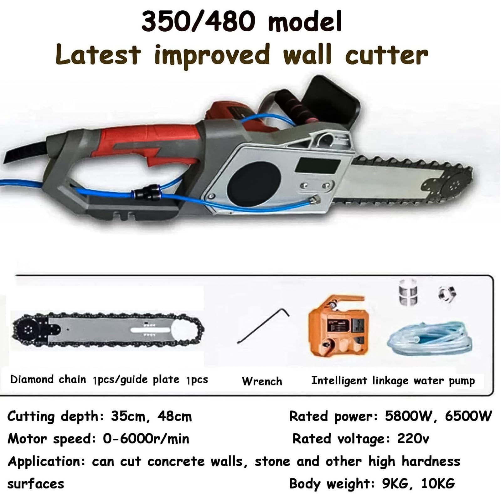 Sierra eléctrica para hormigón de 5800 W/6500 W: máquina cortadora de paredes para trabajos pesados con bomba de agua y supresión de polvo, cortadora profesional para hormigón y ladrillos. 350