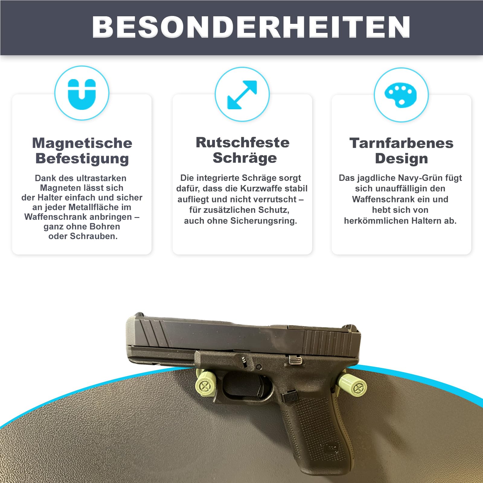 Magnetischer Waffenhalter – 2er Set in Navy-Grün, flexibel einsetzbare Halterung für unterschiedliche Pistolen & Revolver, starker Haftung ganz ohne Bohren – Made in Germany