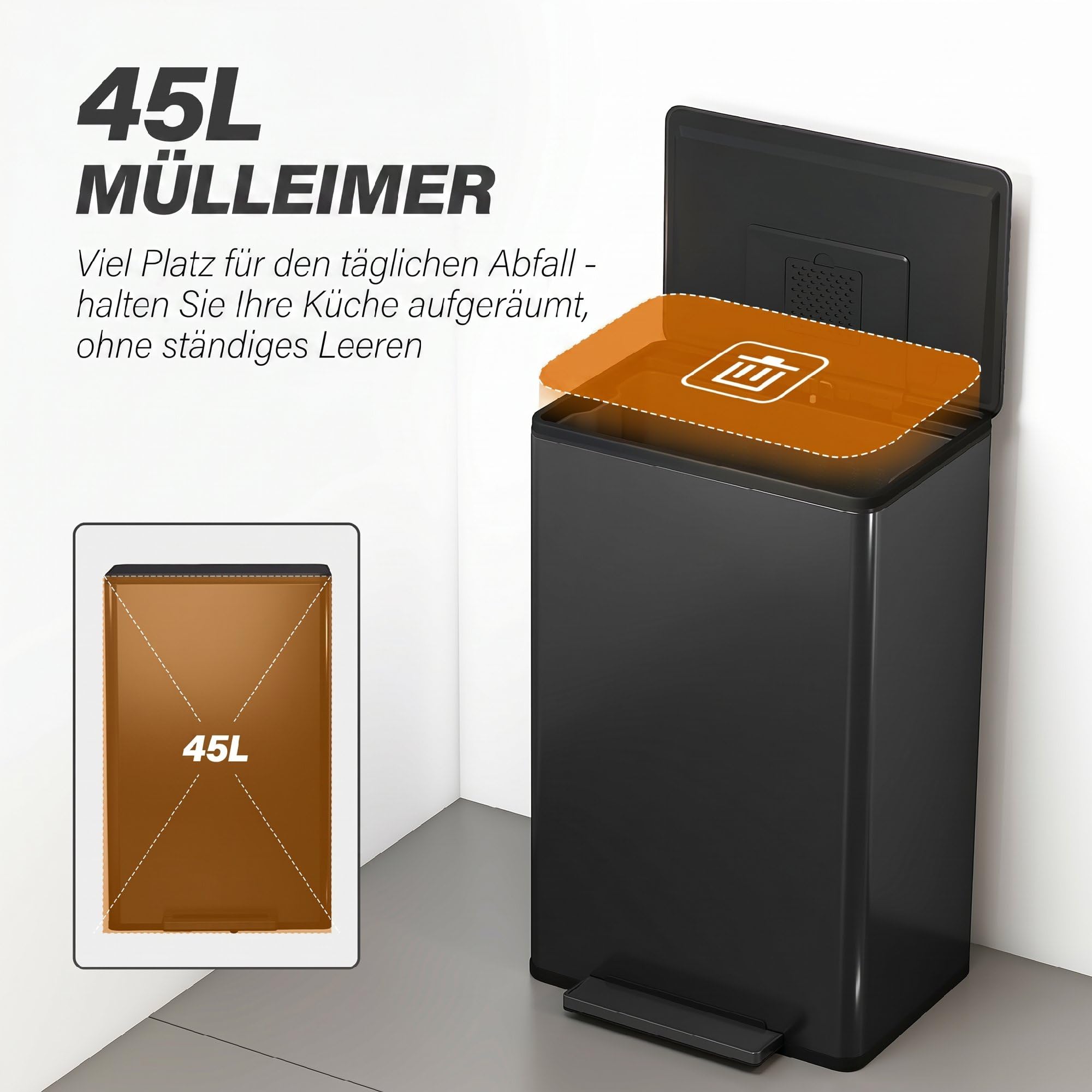 HOMCOM Mülleimer Küche 45 Liter mit Soft-Close-Deckel 42,5 x 35 x 68 cm