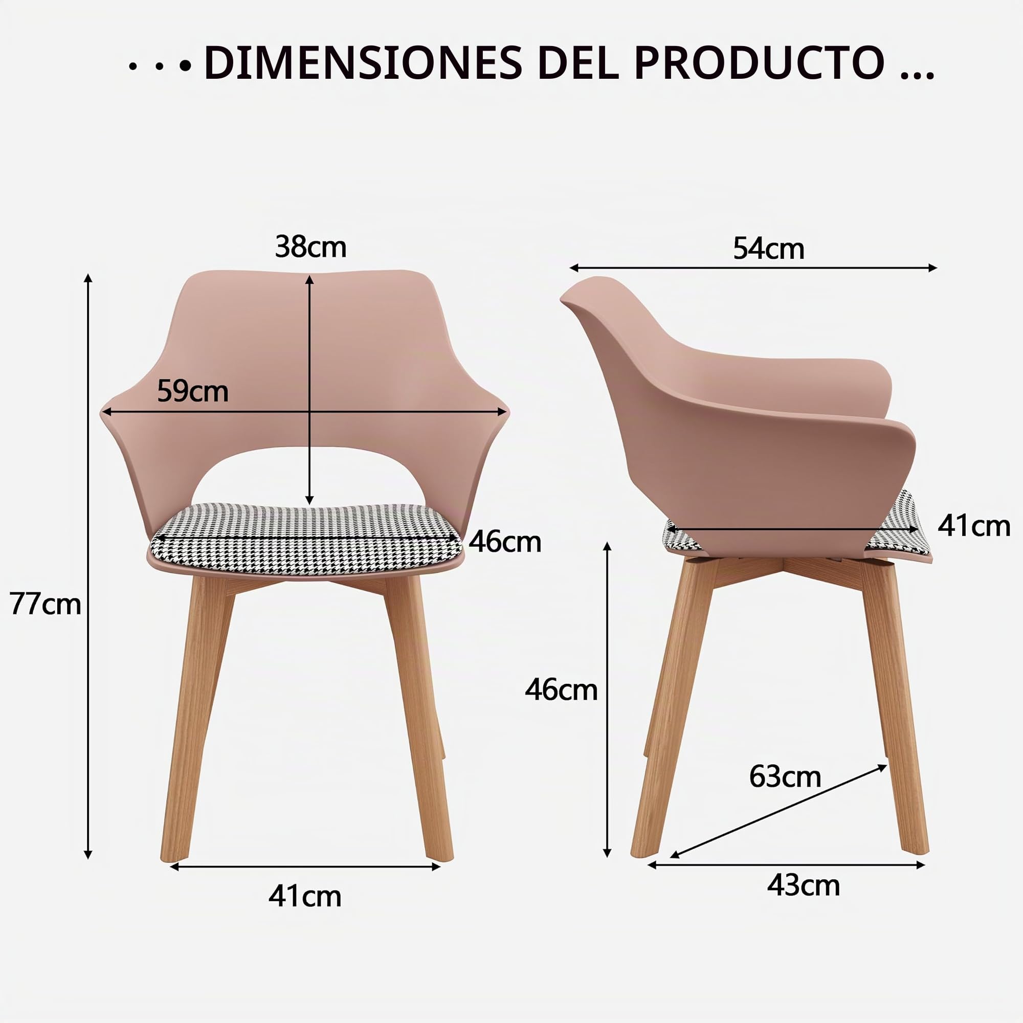 Juego de 4 Sillas de Comedor Modernas, Silla de Comedor de Estilo Nórdico con Reposabrazos, Patas de Haya, Silla de Cocina Tapizada a Cuadros de Lino - Blanco+ Rosa + Verde Claro + Azul Claro
