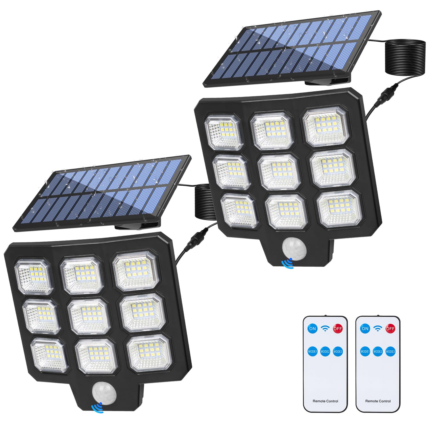 Focos Exterior Solares, 108 LED Luz Solar Exterior con Sensor de Movimiento, 6500K IP65 Potente Luz Solar Exterior Jardin Lampara Solar con Mando a Distancia para Jardín, Garajes