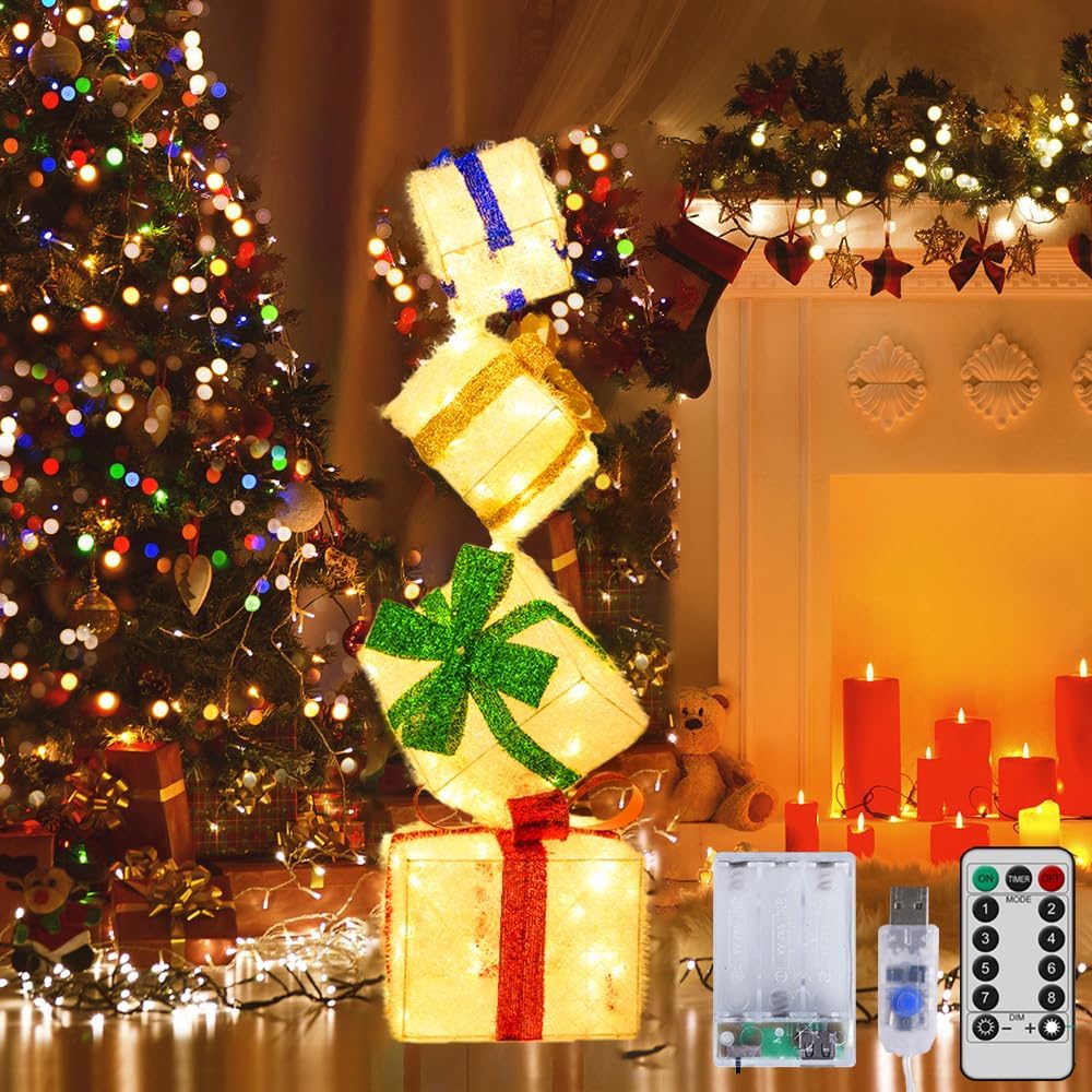 Set of 4 Color Christmas Lighted Gift Boxes, Light up Present Boxes Three-Dimensional Stack Set Light Up Decor Outdoor, Christmas Lights Decor for Xmas Tree, Party, Holiday, Home Decoration