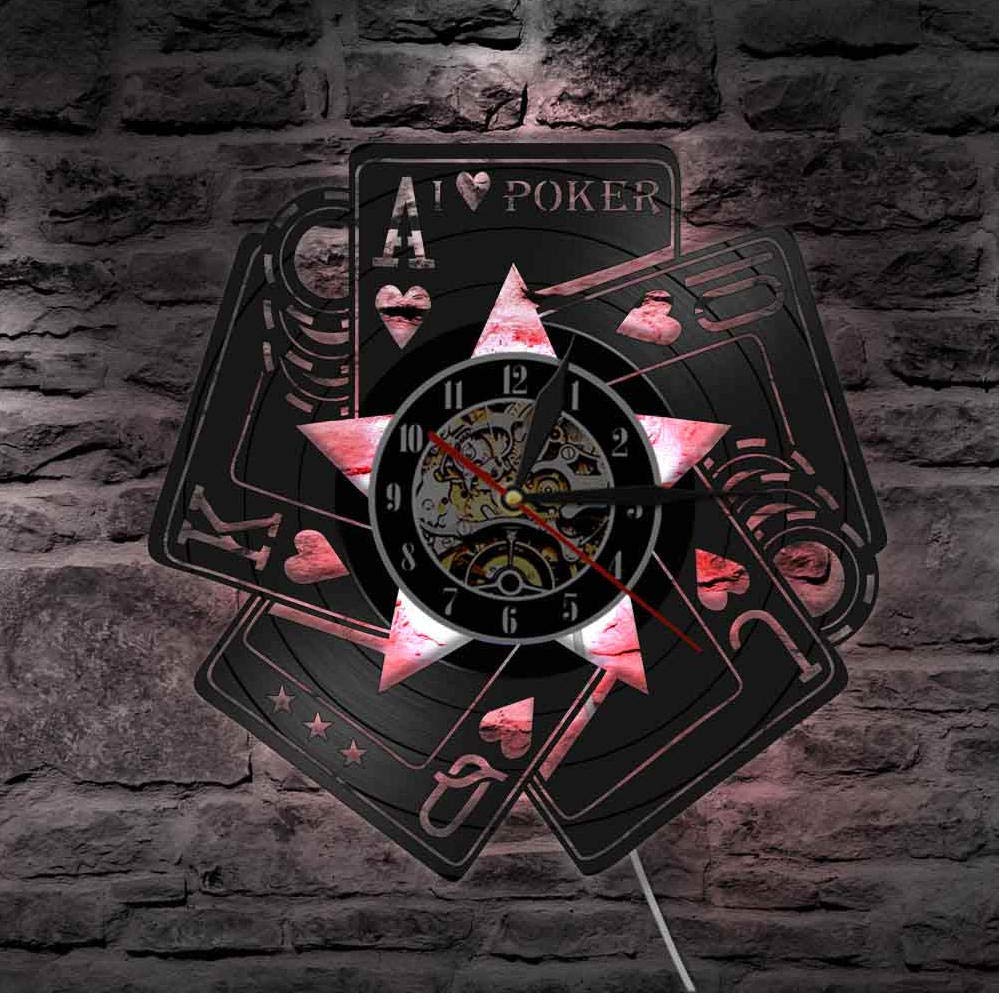 MRQXDP I Love Cards Game Spades Room Decor Wall Clock Gamer Winner Vinyl Record Wall Clock 7 Color Night light Wall Clock Hanging Lamp