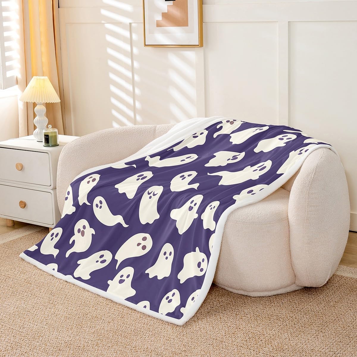 Castle Fairy Happy Halloween Plush Blanket,Cute Ghost Cartoon Silhouette Bed Blanket Home Decor Gift,Purple White Color Modern Style Fuzzy Blanket Office Chair, X Size (40 x 50 Inch)