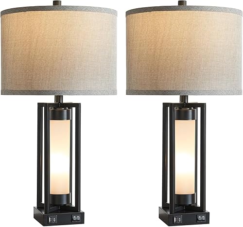 Miniatura 8 de RORIANO Juego de 2 lámparas de mesa modernas para sala de estar con puertos USB C+A, lámpara de mesita de noche rústica con luz nocturna blanca,