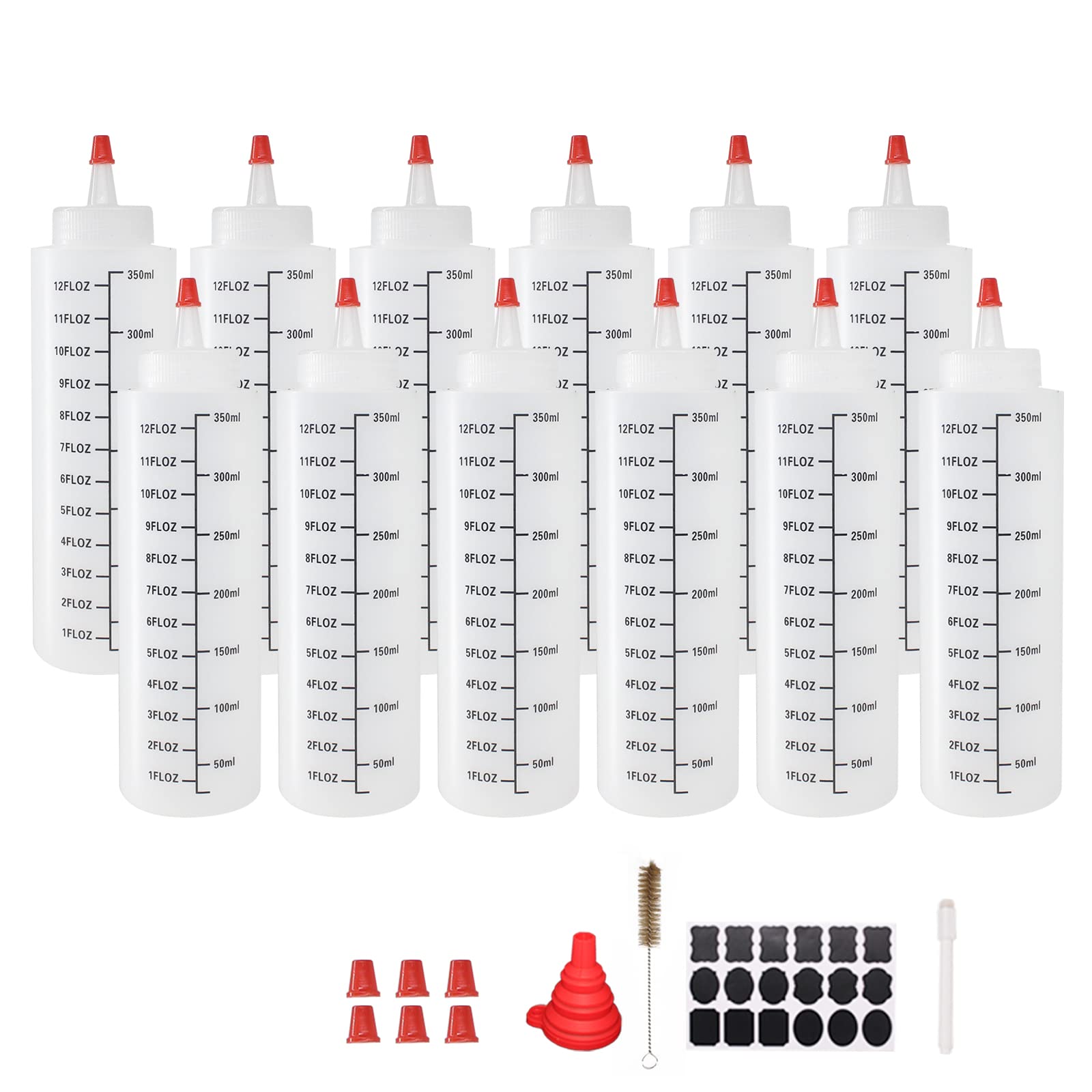 Belinlen 12 Pack 12-Ounce Plastic Squeeze Squirt Condiment Bottles with Red Tip Caps and Measurement - Good for Condiments, Oil, Icing, Crafts, Art,