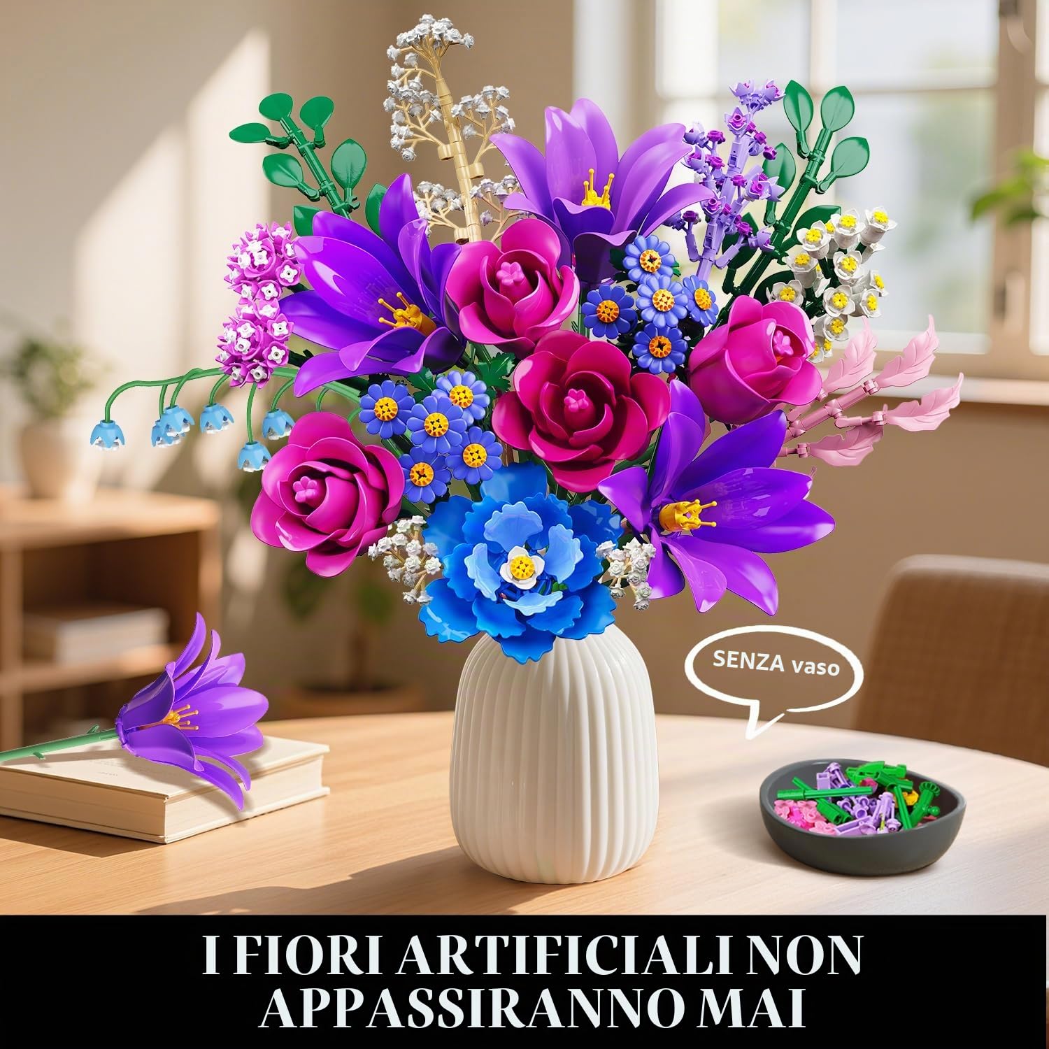 CUBIMANA Set di bouquet di fiori con luce LED, 21 fiori, collezione botanica giocattolo, decorazione per piante per la casa di rose, 1054 pezzi, per lei adulti, donne, mamma, bambini, ragazze dai 12