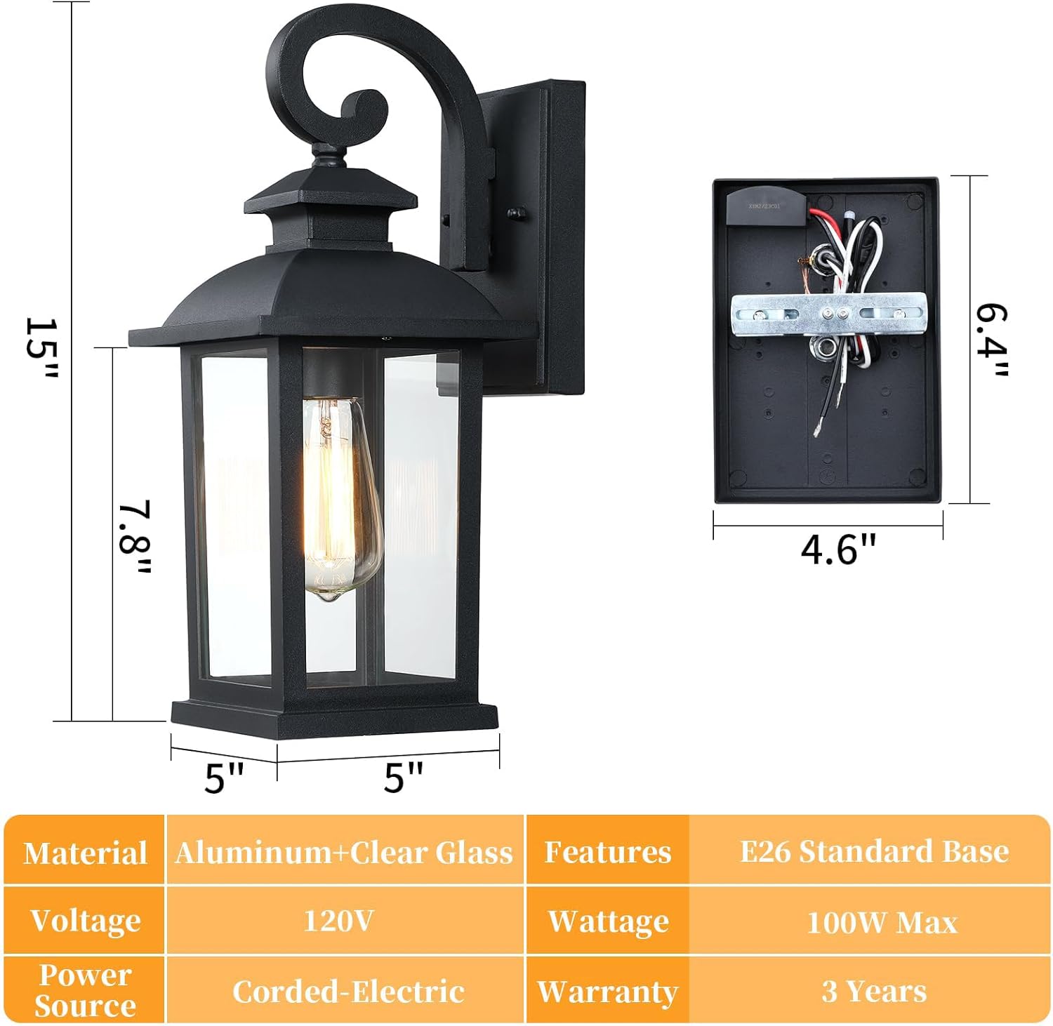 Outdoor Wall Sconce Lights 2-Pack, Anti-Rust Aluminum Outdoor Porch Lights Wall Mount, Black Exterior Lighting Fixtures with Tempered Glass, 15" Medium Coach Lights for Garage House