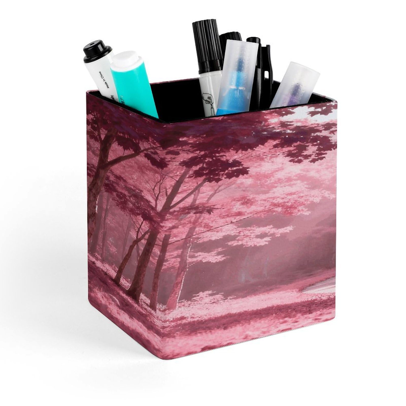 LZQPOEAS Pink Forest Square Pen Pencil Holder PU Leather Pencil Cup Desktop Stationery Organizer Office Accessories Container