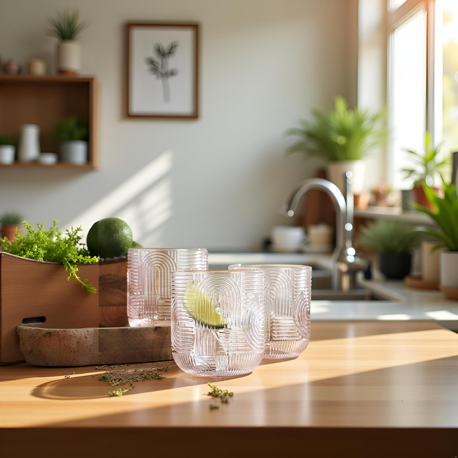 Glaver's Whiskey Glasses Set of 4 Double Old Fashioned 13 oz. Rock Glases, Pink Embossed Art Deco New Designed, Modern Vintage Drinking Glassware For Home Bar Whisky Bourbon Scotch - Image 4