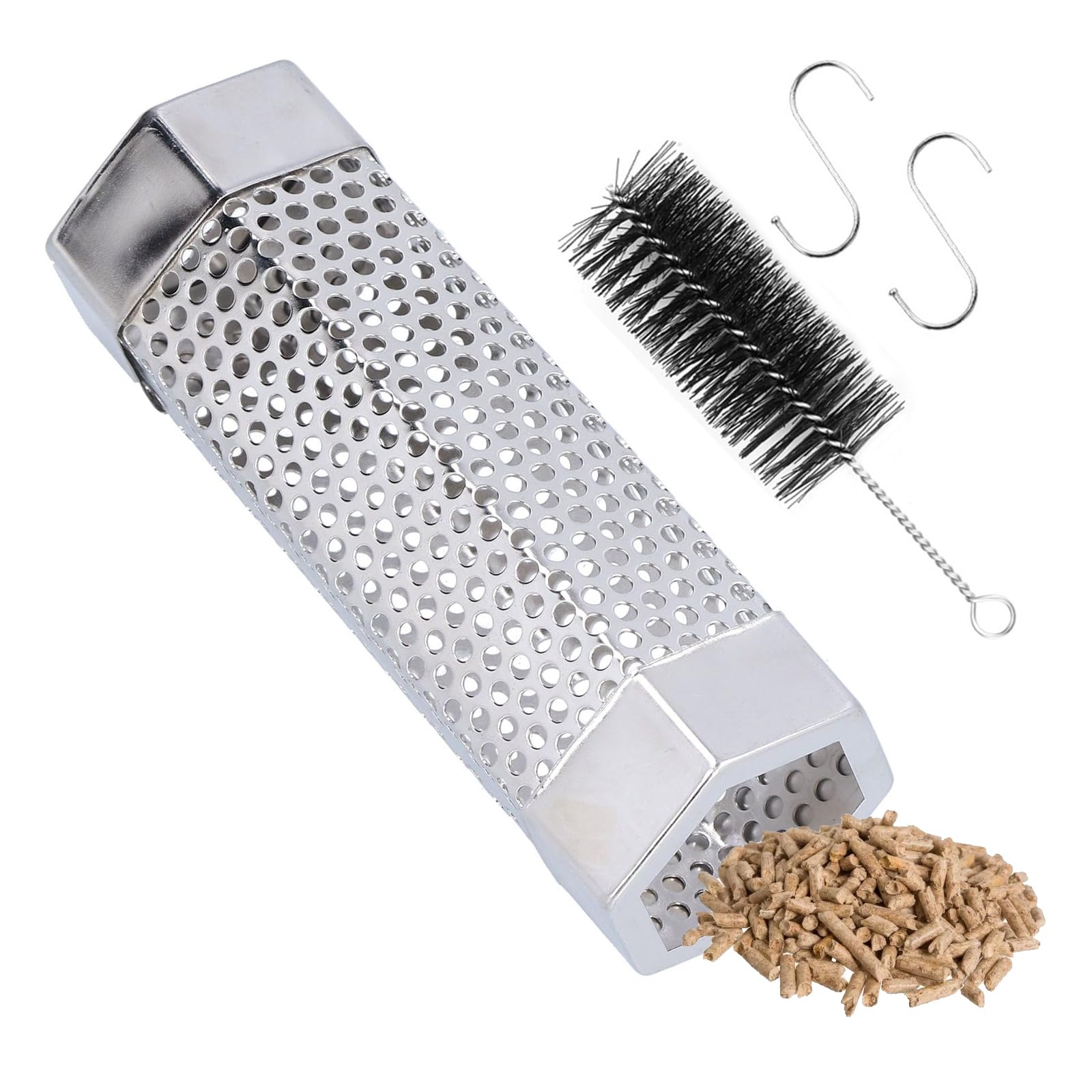 BBQ Smoker Tube, Tube de Fumage à Granulés pour Barbecue, Tube de Fumée Hexagonal en Acier Inoxydable, Tube Fumoir, avec 2 Crochets et 1 Brosse de Nettoyage, Fumage à Chaud/à Froid, pour Barbecue
